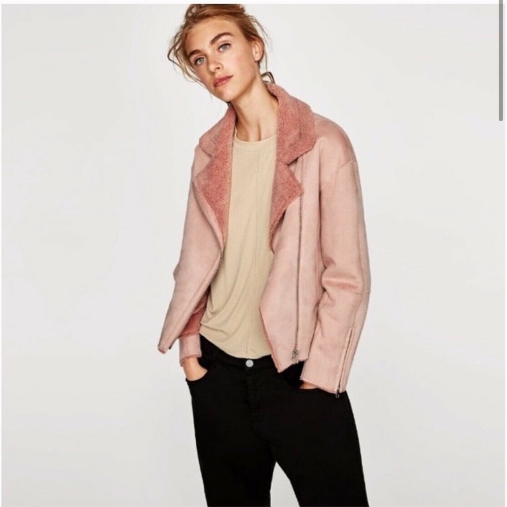 Zara Pink Faux Suede Moto Jacket with Faux Fur